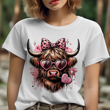 Highland Cow Pink Glasses with Lollipop DTF Transfer