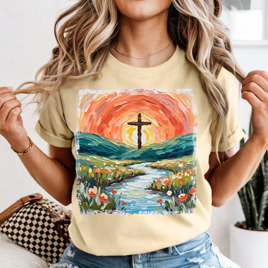 Cross with Floral Sunset DTF Transfer