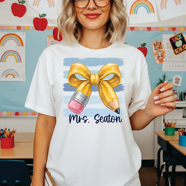 Personalized Bow Pencil with Blue Stripes DTF Transfer