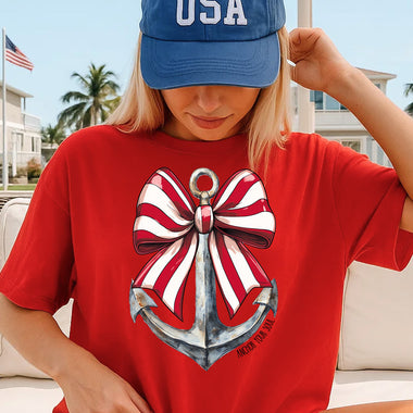 Red Strip Bow with Anchor DTF Transfer