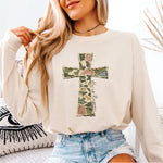 Faux Yarn Camo Cross He is Risen