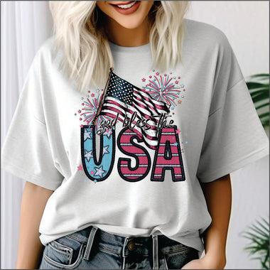 USA with Fireworks Faux Embroidery DTF Transfer