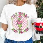 Mean Green Guy Stay Merry and Bright pink check DTF Transfer