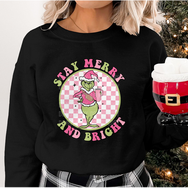 Mean Green Guy Stay Merry and Bright pink check DTF Transfer