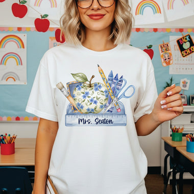 Personalized Blue Floral Apple Nameplate DTF Transfer