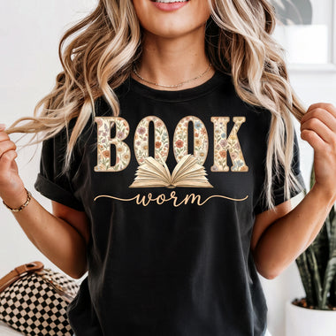 Book Worm with floral DTF Transfer