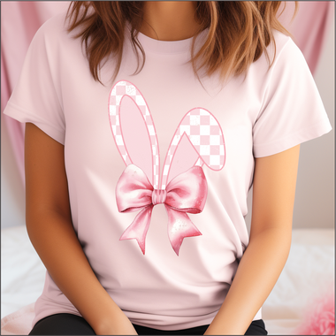 Checkered Bunny Ears with Bow  DTF Transfer