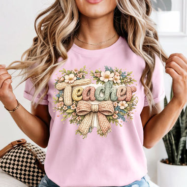 Faux Crochet Teacher with Flowers DTF Transfer