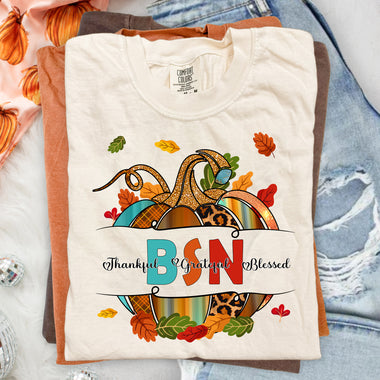 BSN Fall Pumpkin Thankful Grateful Blessed DTF Transfer DTF Heat Press Transfer from Sweet Tee Transfers