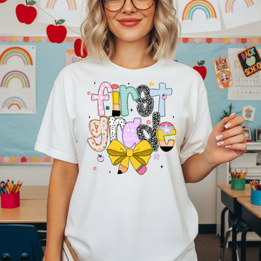 Back to School Pencil Bow First Grade DTF Transfer DTF Heat Press Transfer from Sweet Tee Transfers