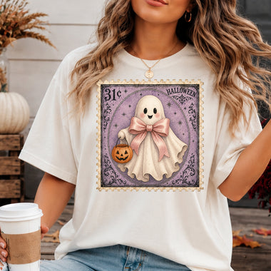 Retro Halloween Stamp Ghost with Bow DTF Transfer DTF Heat Press Transfer from Sweet Tee Transfers