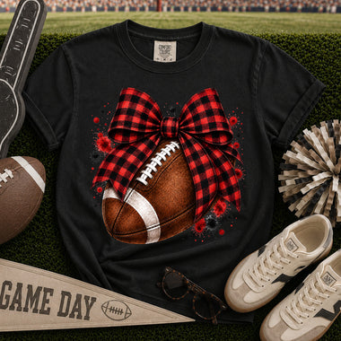 Red and Black Gingham Bow Football DTF Transfer DTF Heat Press Transfer from Sweet Tee Transfers
