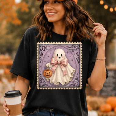 Retro Halloween Stamp Ghost with Bow DTF Transfer DTF Heat Press Transfer from Sweet Tee Transfers