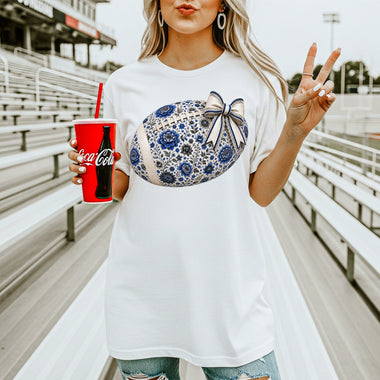 Blue and Black Floral Football DTF Transfer – Coquette DTF Heat Press Transfer from Sweet Tee Transfers