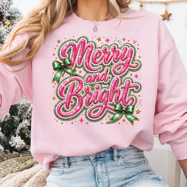 Merry and Bright Pink DTF Transfer DTF Heat Press Transfer from Sweet Tee Transfers