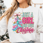 Just a Girl Who Loves Christmas Teal Pink DTF Transfer DTF Heat Press Transfer from Sweet Tee Transfers
