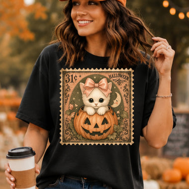 Retro Halloween Stamp Pumpkin White Cat DTF Transfer DTF Heat Press Transfer from Sweet Tee Transfers