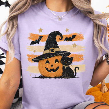 Retro Brushstroke Jack o Lantern and Cat DTF Transfer DTF Heat Press Transfer from Sweet Tee Transfers