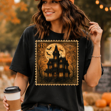 Retro Halloween Stamp House DTF Transfer DTF Heat Press Transfer from Sweet Tee Transfers