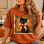 Retro Halloween Stamp Black Cat with Orange Bow DTF Transfer DTF Heat Press Transfer from Sweet Tee Transfers