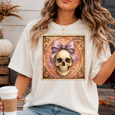Retro Halloween Stamp Skeleton with Purple Bow DTF Transfer DTF Heat Press Transfer from Sweet Tee Transfers