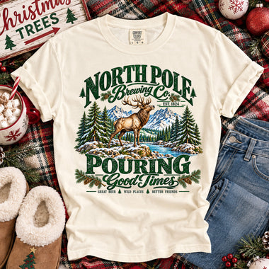North Pole Brewing Co. Pouring Good Times DTF Transfer DTF Heat Press Transfer from Sweet Tee Transfers