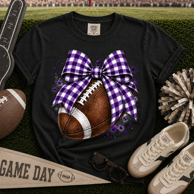 Purple and White Gingham Bow Football DTF Transfer DTF Heat Press Transfer from Sweet Tee Transfers