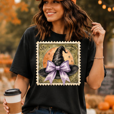 Retro Halloween Stamp Witches Hat Purple Bow DTF Transfer DTF Heat Press Transfer from Sweet Tee Transfers