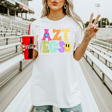 Aztecs School Mascot DTF Transfer – Bright Letters DTF Heat Press Transfer from Sweet Tee Transfers