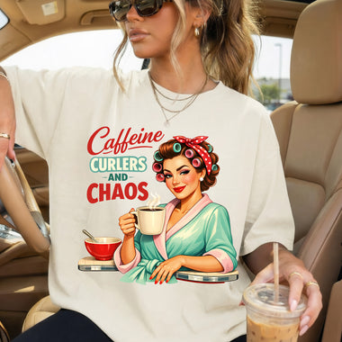 Caffeine Curlers and Chaos DTF Transfer DTF Heat Press Transfer from Sweet Tee Transfers