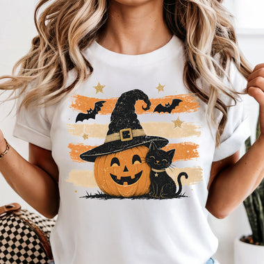Retro Brushstroke Jack o Lantern and Cat DTF Transfer DTF Heat Press Transfer from Sweet Tee Transfers