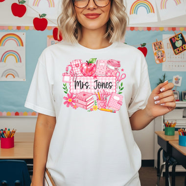 Custom Pink Checkered Teacher DTF Transfer DTF Heat Press Transfer from Sweet Tee Transfers