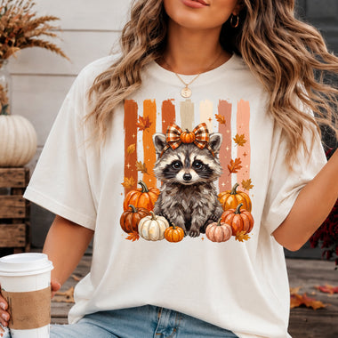Preppy Fall Raccoon with Pumpkins DTF Transfer DTF Heat Press Transfer from Sweet Tee Transfers