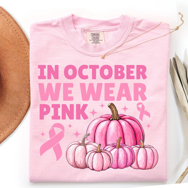 In October We Wear Pink with Pumpkins DTF Transfer DTF Heat Press Transfer from Sweet Tee Transfers