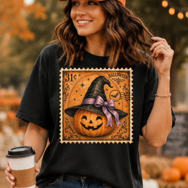 Retro Halloween Stamp Pumpkin with Witches Hat DTF Transfer DTF Heat Press Transfer from Sweet Tee Transfers