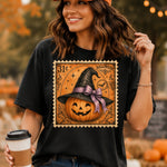 Retro Halloween Stamp Pumpkin with Witches Hat DTF Transfer DTF Heat Press Transfer from Sweet Tee Transfers