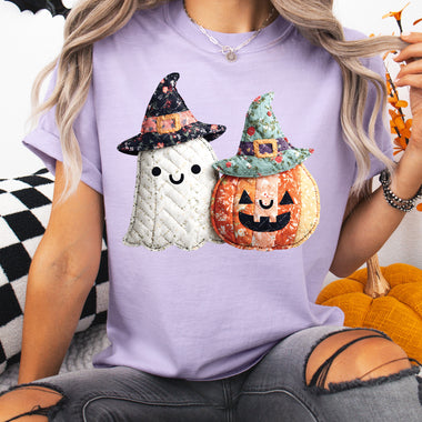 Patchwork Ghost and Pumpkin DTF Transfer DTF Heat Press Transfer from Sweet Tee Transfers