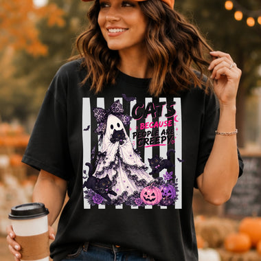 Cats Because People Are Creepy Ghost with Bow Striped DTF Transfer DTF Heat Press Transfer from Sweet Tee Transfers