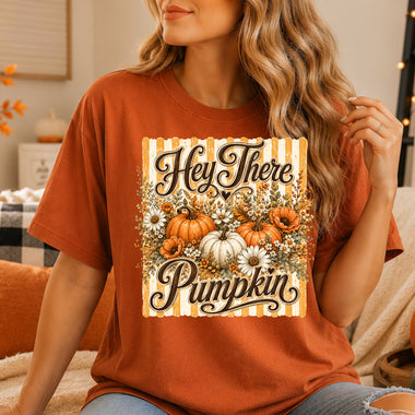 Hey There Pumpkin Gold Stripes DTF Transfer DTF Heat Press Transfer from Sweet Tee Transfers