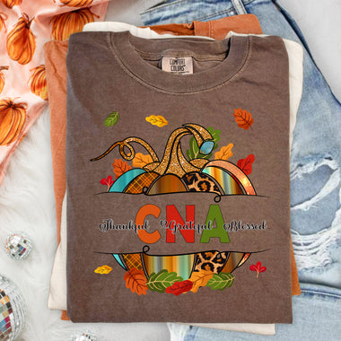 CNA Fall Pumpkin Thankful Grateful Blessed DTF Transfer DTF Heat Press Transfer from Sweet Tee Transfers