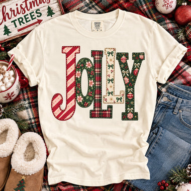 Jolly Christmas Patchwork Letters with Plaid DTF Transfer DTF Heat Press Transfer from Sweet Tee Transfers