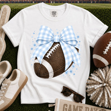 Light Blue Gingham Bow Football DTF Transfer DTF Heat Press Transfer from Sweet Tee Transfers