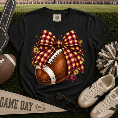 Maroon and Gold Gingham Bow Football DTF Transfer DTF Heat Press Transfer from Sweet Tee Transfers