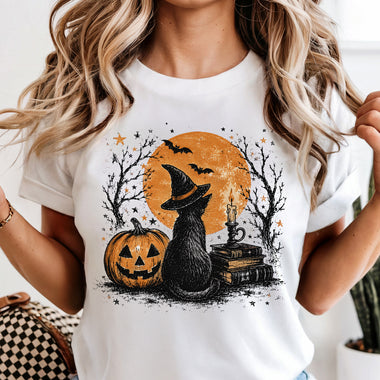 Halloween Black Cat with Moon DTF Transfer DTF Heat Press Transfer from Sweet Tee Transfers