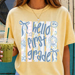 Hello First Grade Striped Pastel DTF Transfer DTF Heat Press Transfer from Sweet Tee Transfers