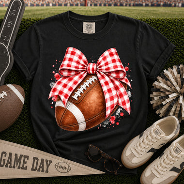 Red and White Gingham Bow Football DTF Transfer DTF Heat Press Transfer from Sweet Tee Transfers