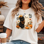 Halloween Black Cat Cute Ghost and Pumpkin Checkered DTF Transfer DTF Heat Press Transfer from Sweet Tee Transfers