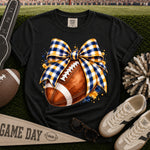 Yellow and Blue Gingham Bow Football DTF Transfer DTF Heat Press Transfer from Sweet Tee Transfers