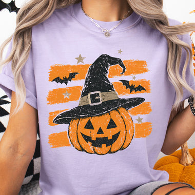 Retro Brushstroke Jack o Lantern with Witch Hat DTF Transfer DTF Heat Press Transfer from Sweet Tee Transfers