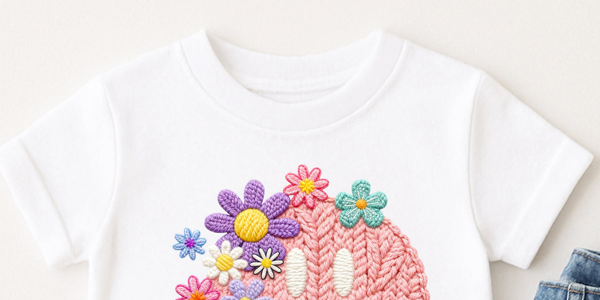 Faux Yarn Floral Smiley Face Ready to Press DTF Transfer – Sweet Tee ...